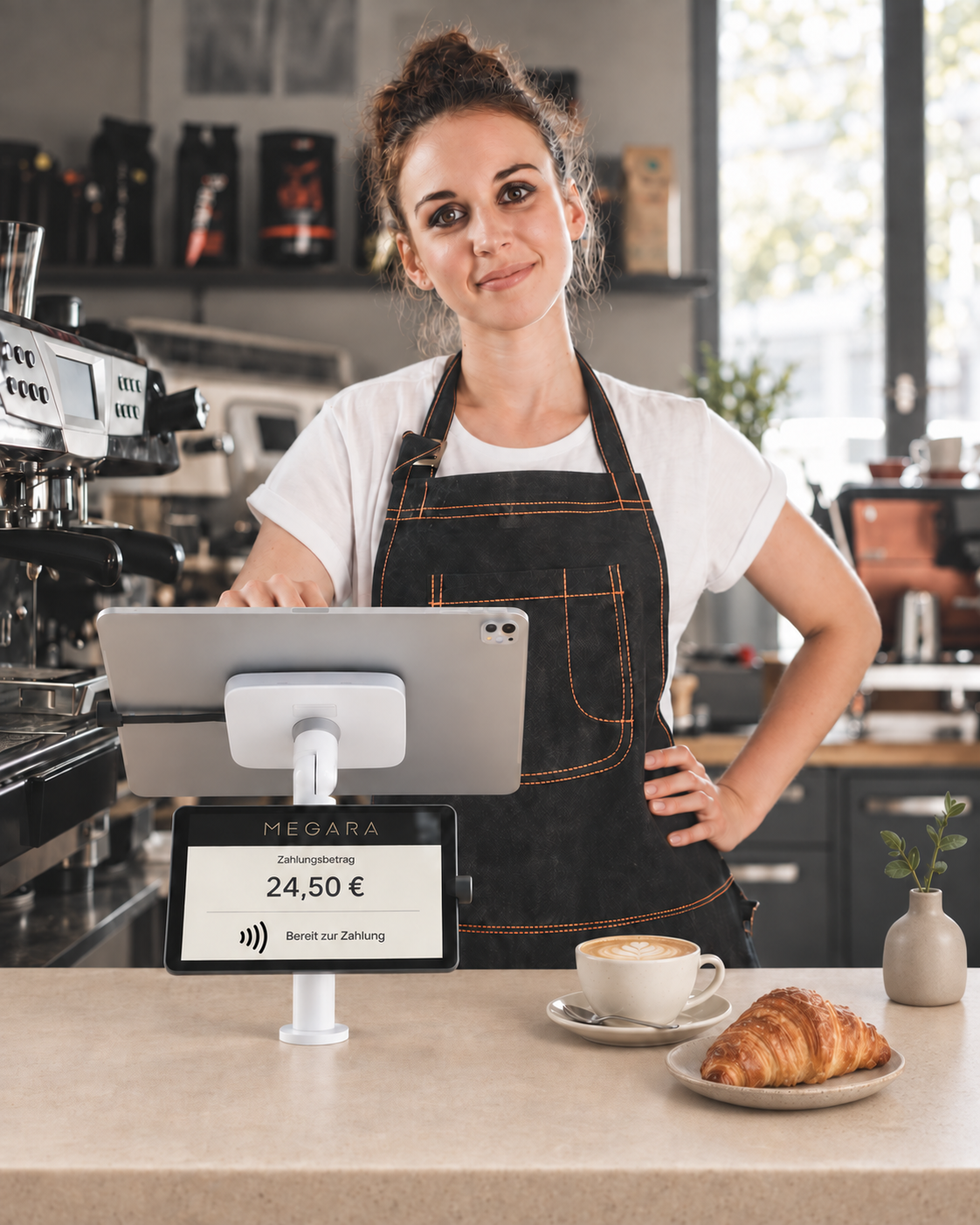 Lächelnde Café-Mitarbeiterin an einer hellen Steintheke mit schlanker MEGARA-Kasse, Kundendisplay, Cappuccino und Croissant