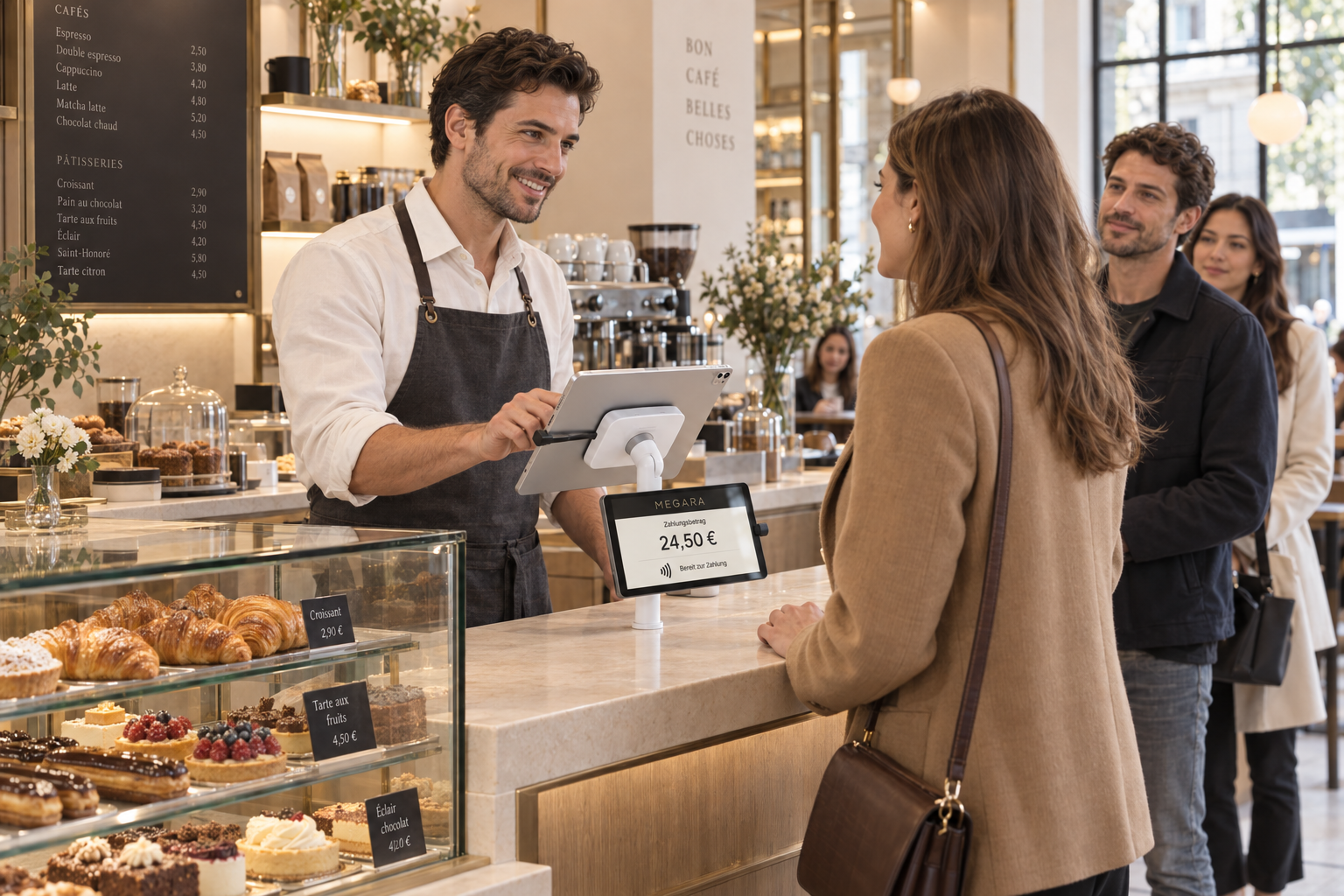 Persönlicher Verkauf an der Gebäcktheke mit Megara-Kasse und Kundendisplay