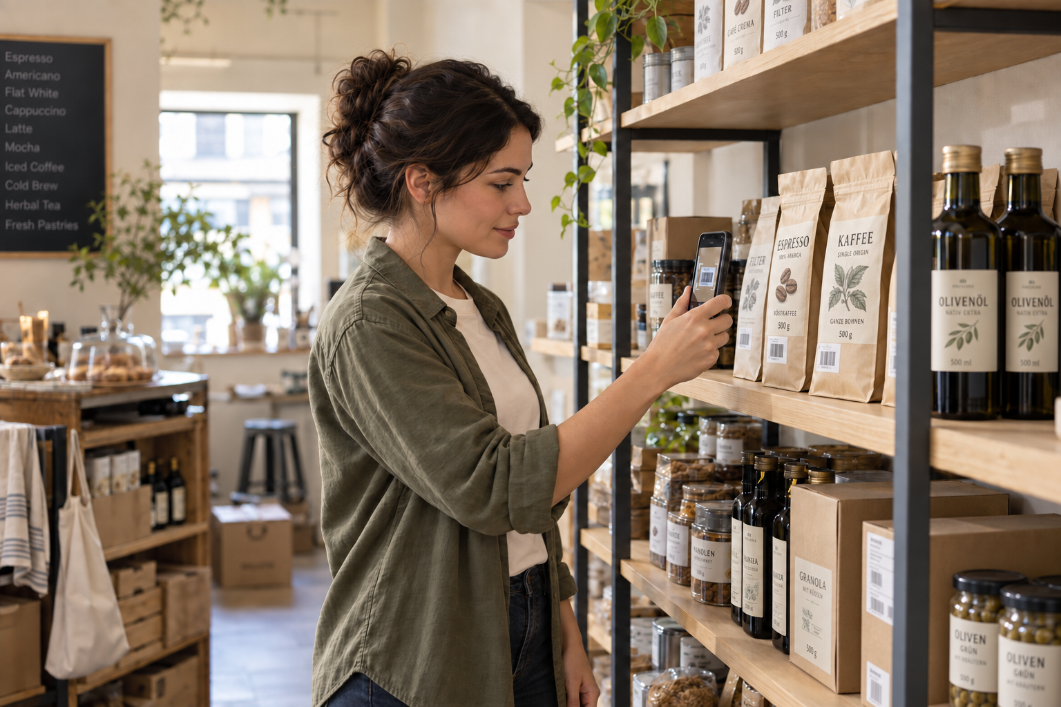 Mitarbeiterin scannt mit der Kamera eines iPhones den Barcode eines Kaffeebeutels im hellen Vorratsraum eines Cafés