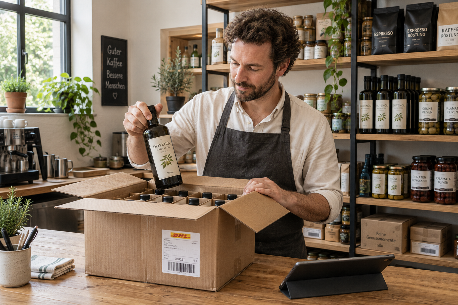 Mitarbeiter packt Olivenölflaschen aus einem leicht gebrauchten Versandkarton mit DHL-Aufkleber und Trennfächern; daneben liegt ein zu ihm gerichtetes iPad im flach aufgestellten Klappcover